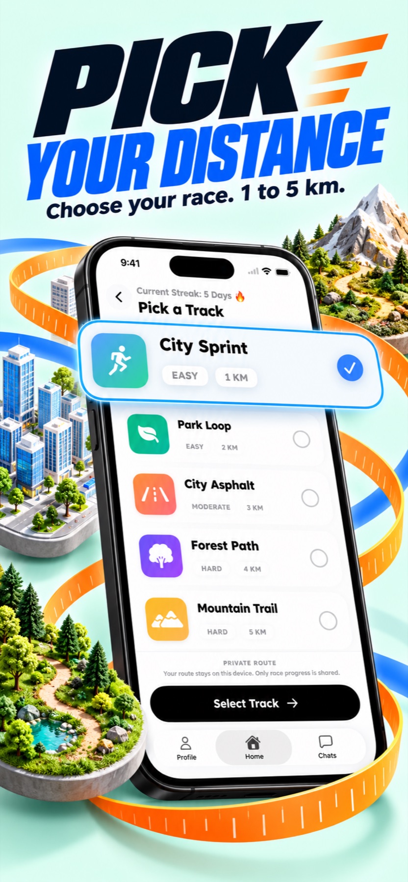 RaceMe track selection artwork showing several running routes and distance options