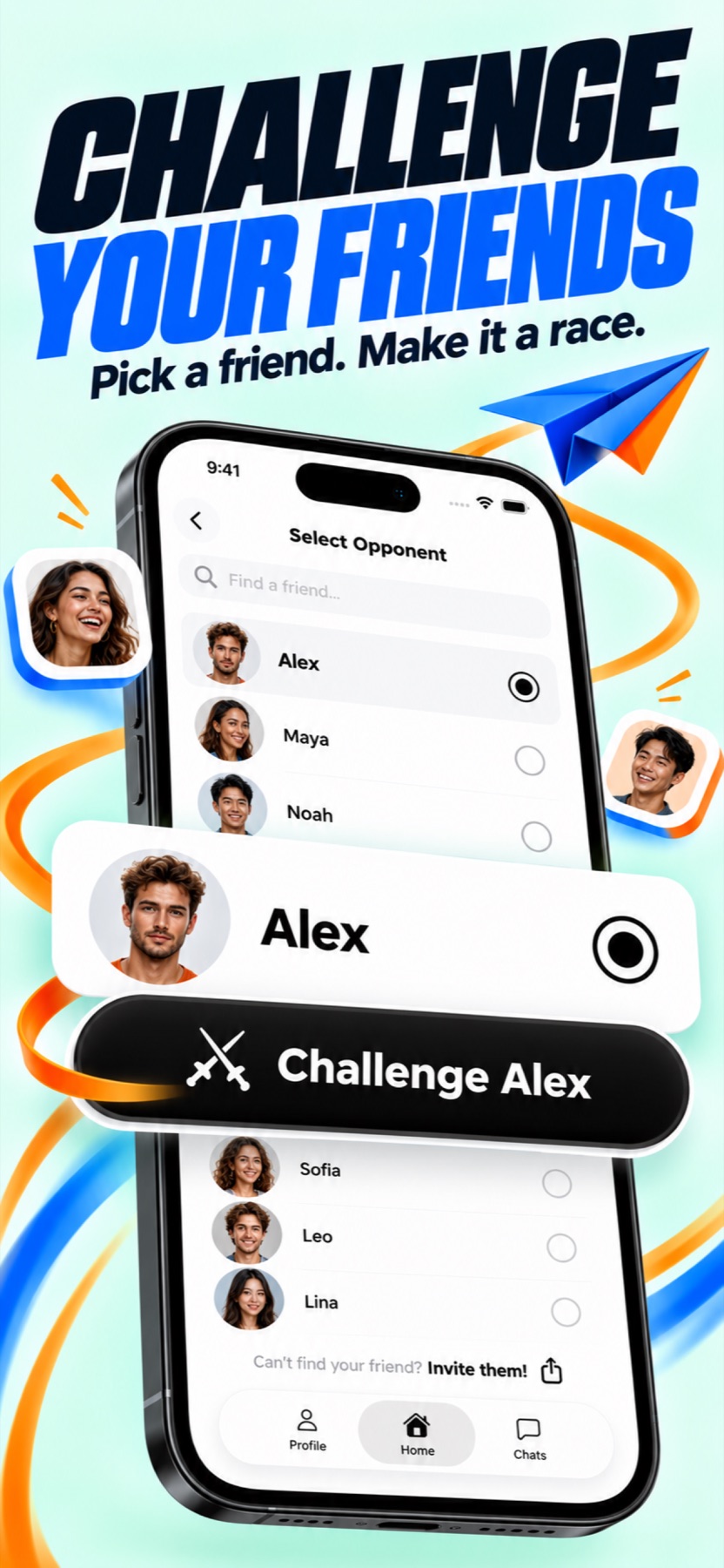 RaceMe friend challenge artwork showing runners choosing a friend to race