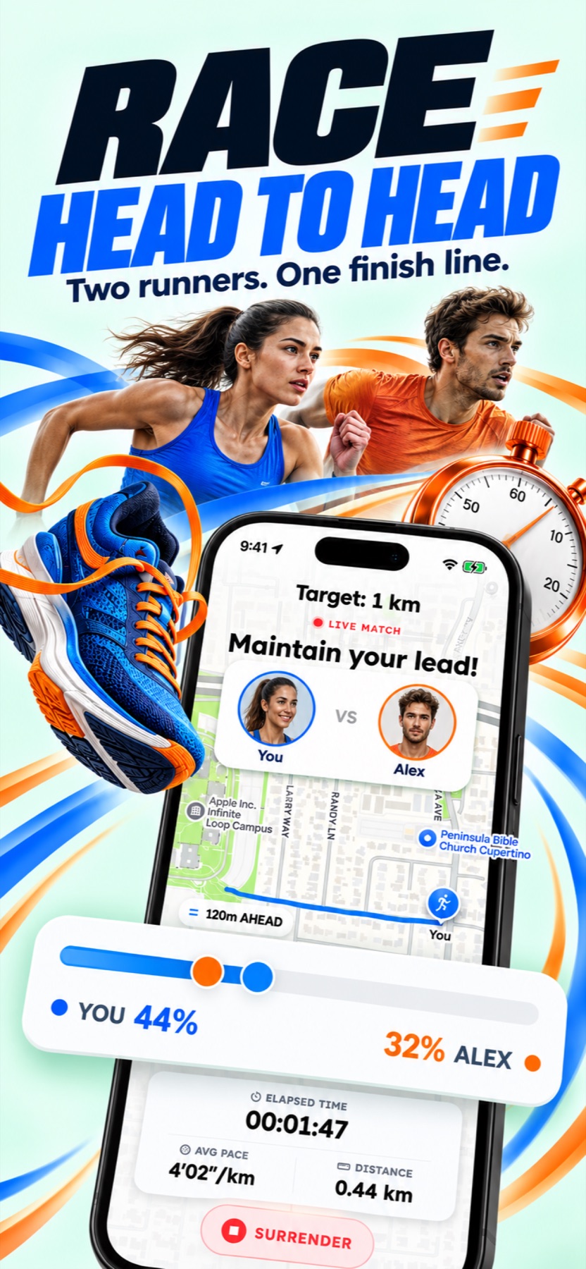 RaceMe head-to-head race artwork with two runners and the live race interface