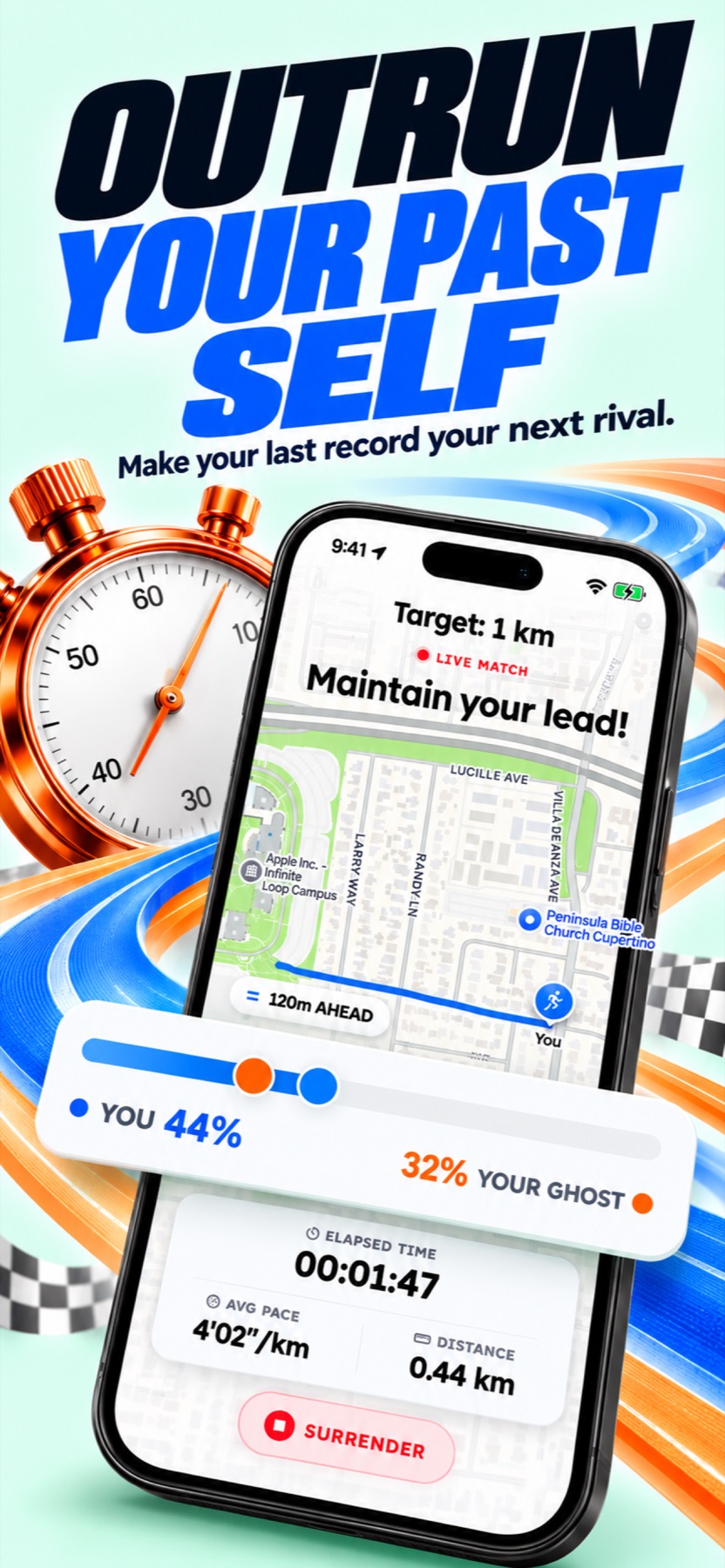 RaceMe personal-best race artwork showing a runner chasing their previous result
