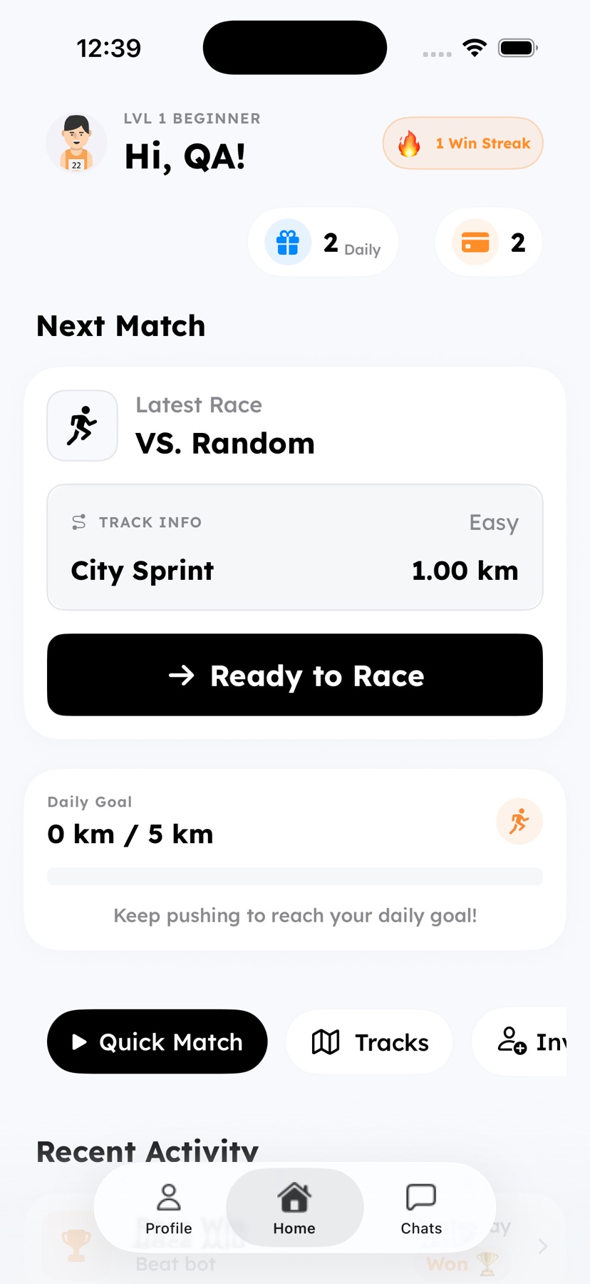 RaceMe home screen with a quick match, track choice, and daily running goal