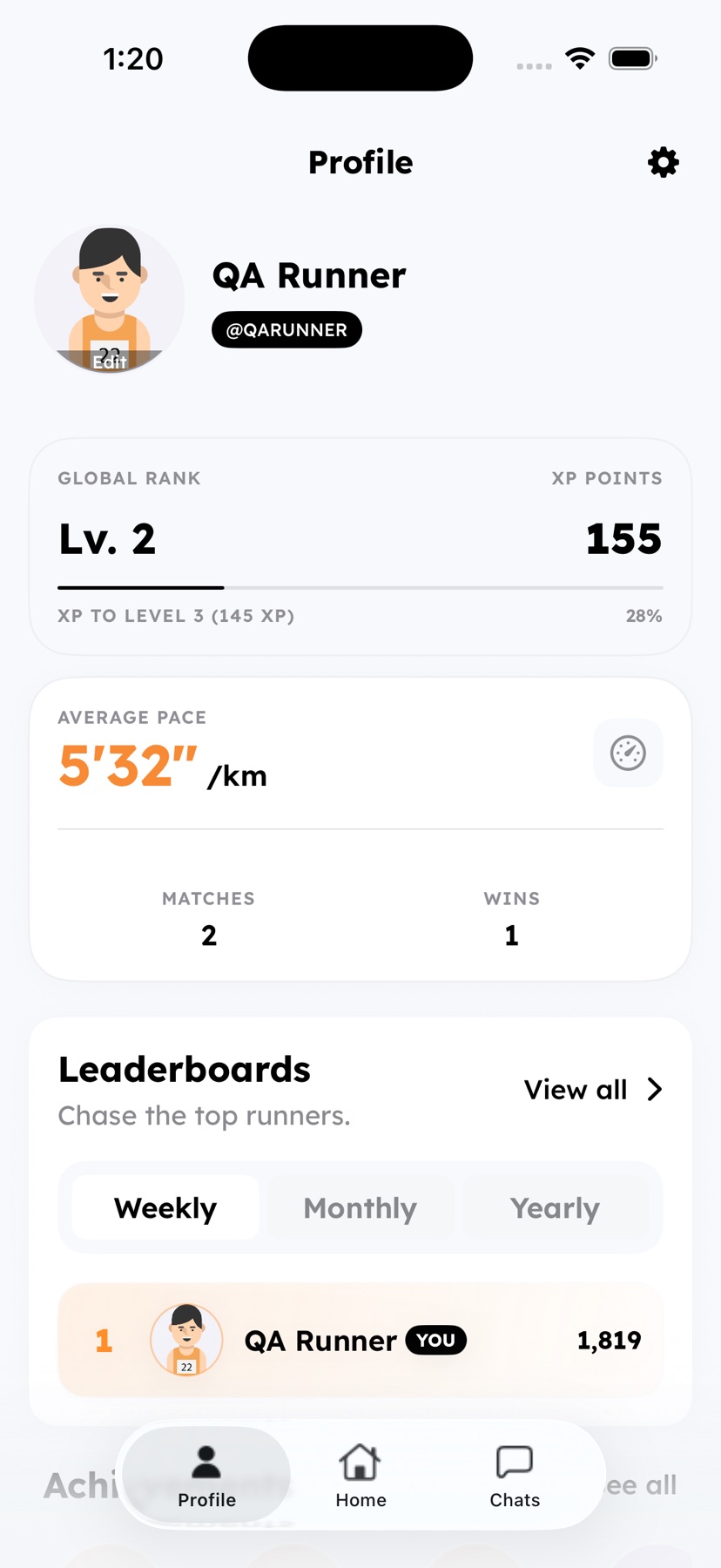 RaceMe profile and leaderboard screen showing weekly, monthly, and yearly rankings